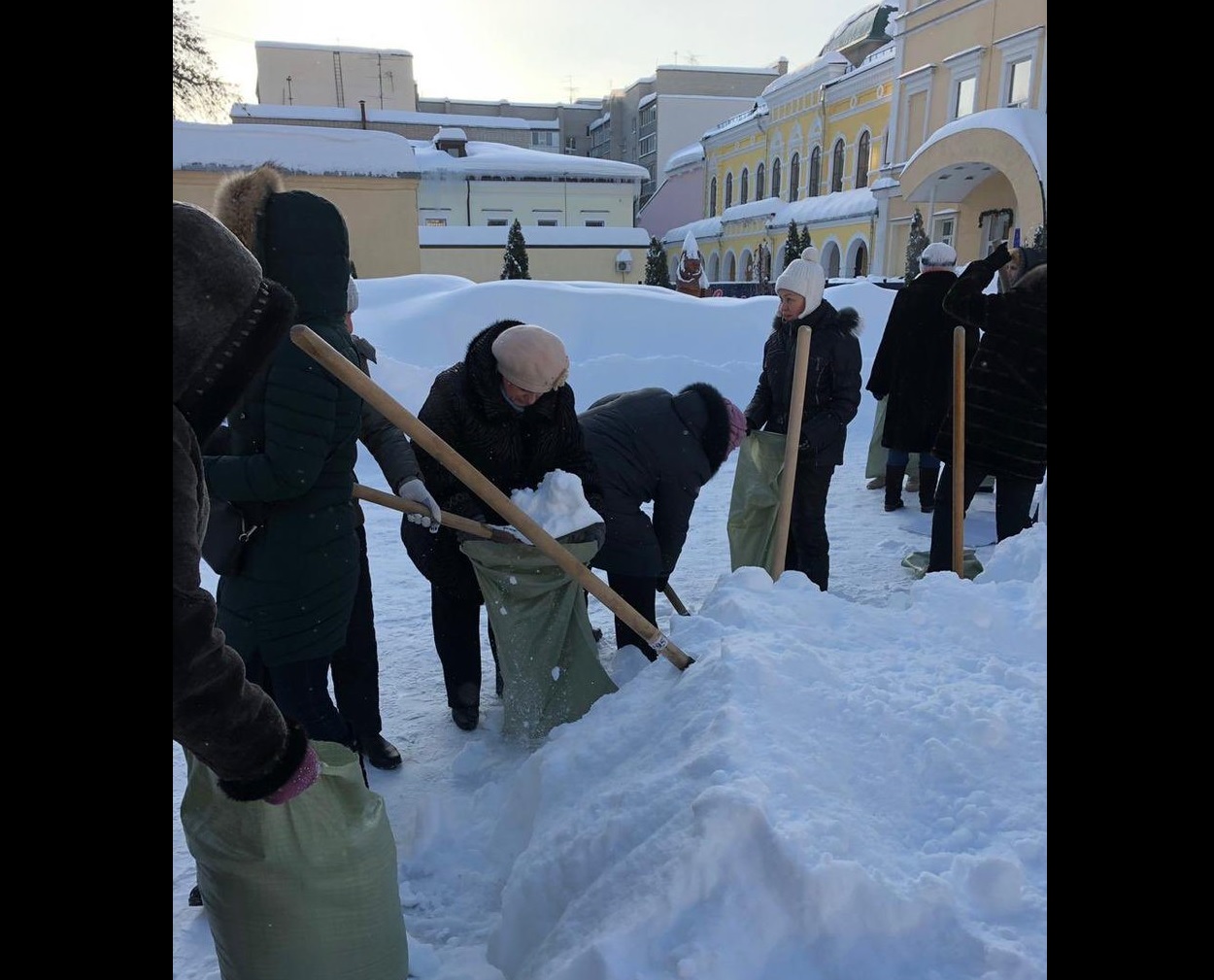 Саратовские педагоги собирали в мешки снег в двадцатиградусный мороз во время субботника