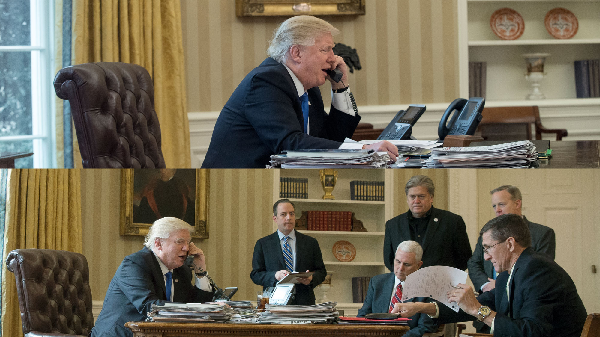 Журналисты сравнили фото Трампа во время разговора с Путиным и с Меркель