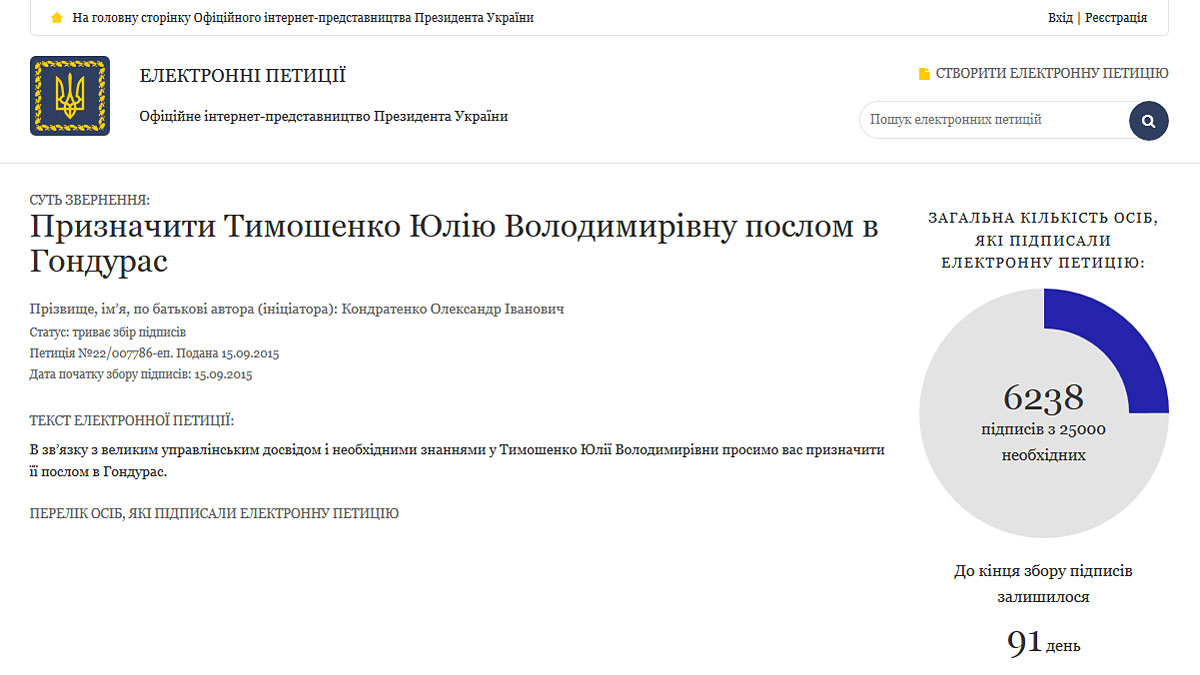 Украинцы призывают президента отправить Юлию Тимошенко в Гондурас