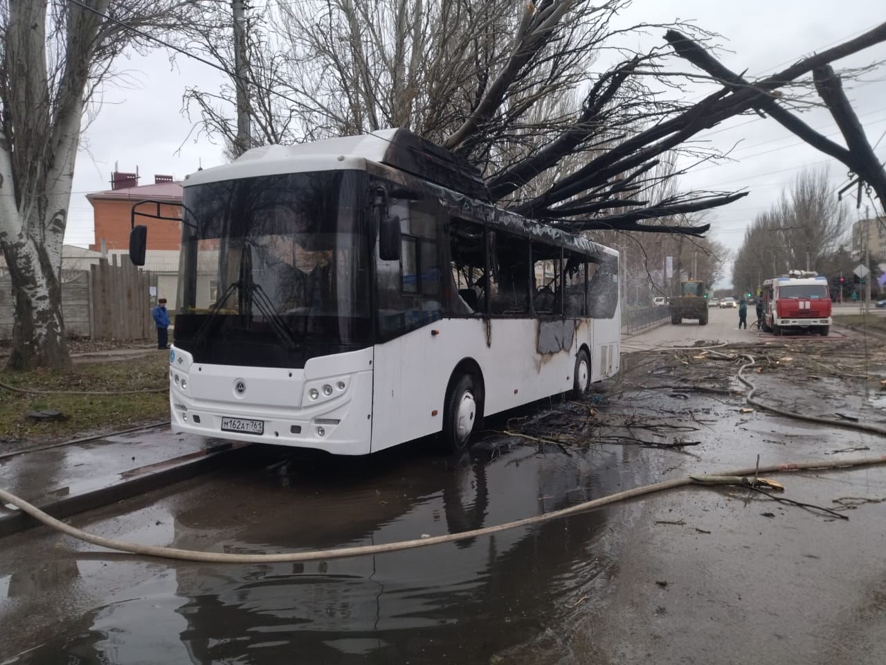 Автобус с пассажирами загорелся из-за упавшего дерева