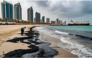 В Аджмане полицейские выводят туристов из моря из-за нефтяного загрязнения