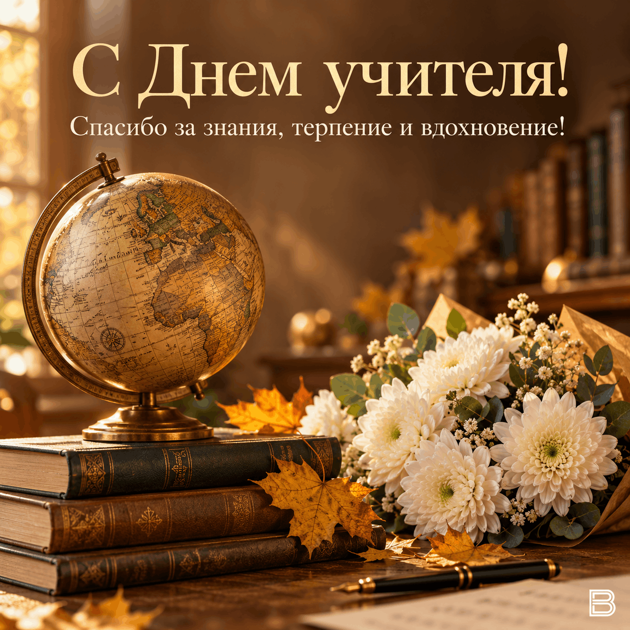 С Днём учителя: глобус, книги и хризантемы