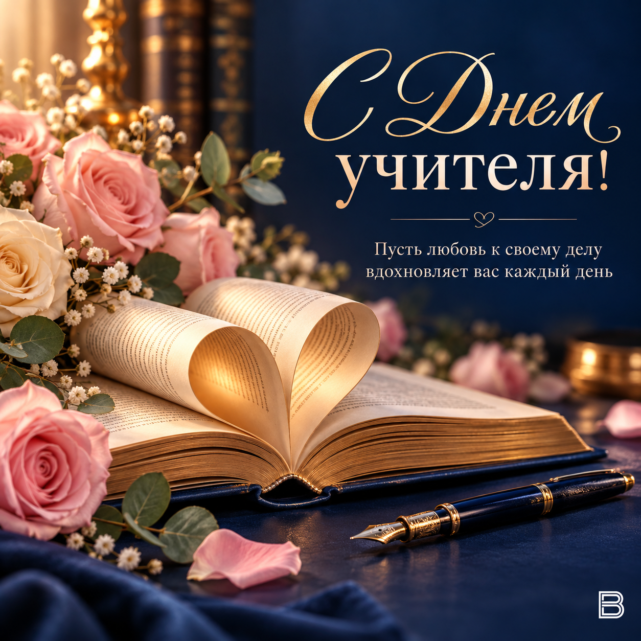 Открытка С Днем учителя с элегантными розами и раскрытой книгой