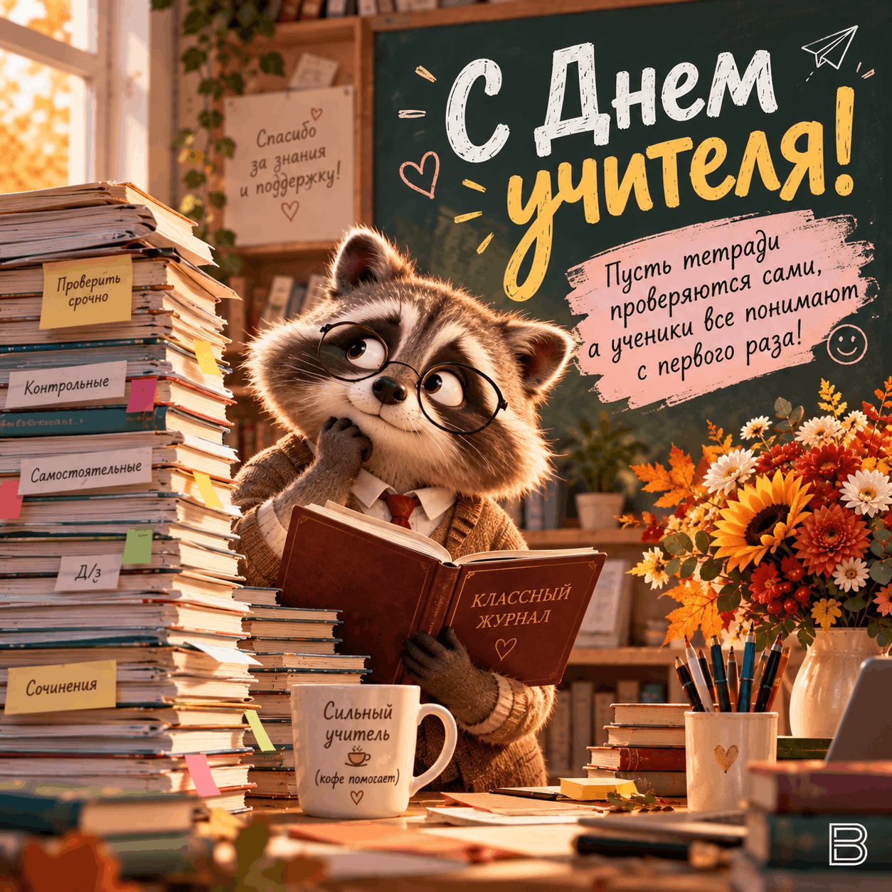 Енотик-учитель поздравляет с Днём учителя