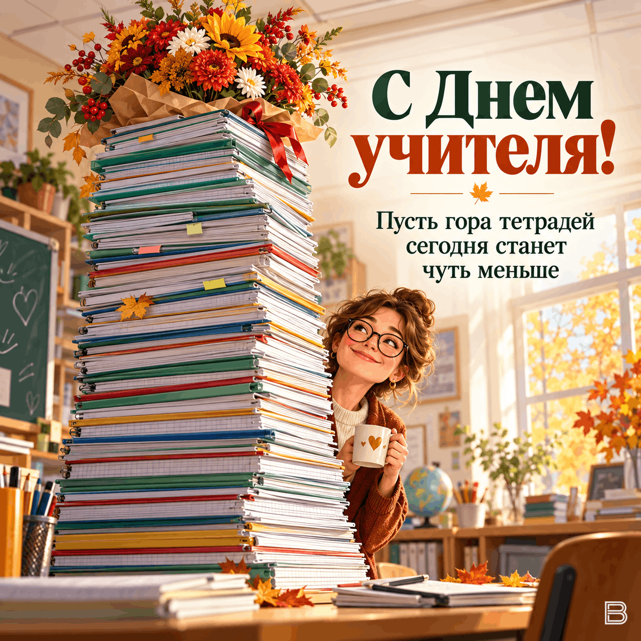 Открытка С Днём учителя: гора тетрадей