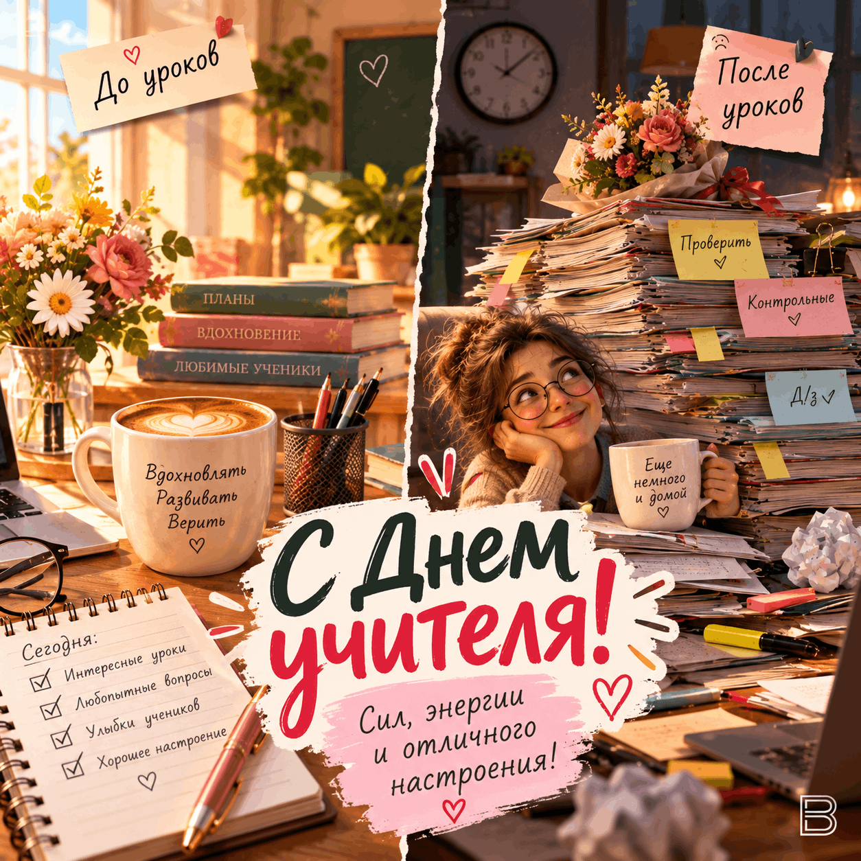 Открытка С Днём учителя до и после уроков