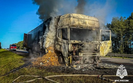В Смоленской области на трассе М-1 "Беларусь" сгорел тягач с щепой